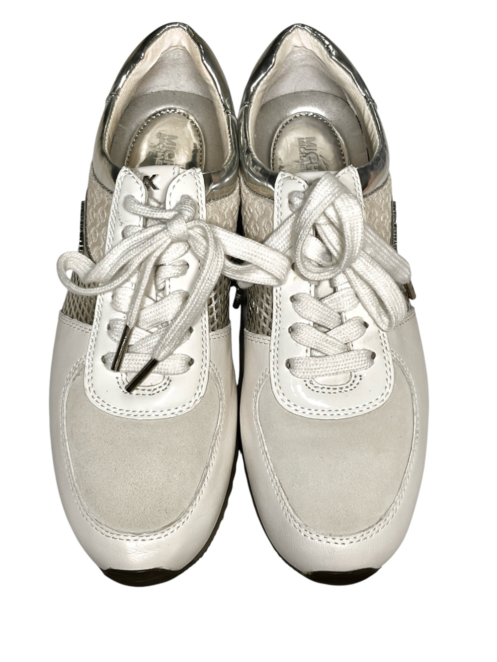 NWOT MICHAEL KORS Allie Trainer Sneakers White Silver Suede Leather Upper 6.5 - Picture 2 of 14